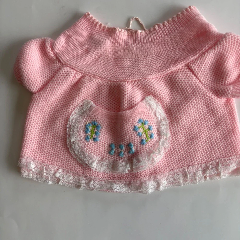 Vintage Infant Girls Pink Knit‎ Set Lace Accents Floral Embroidery Acrylic